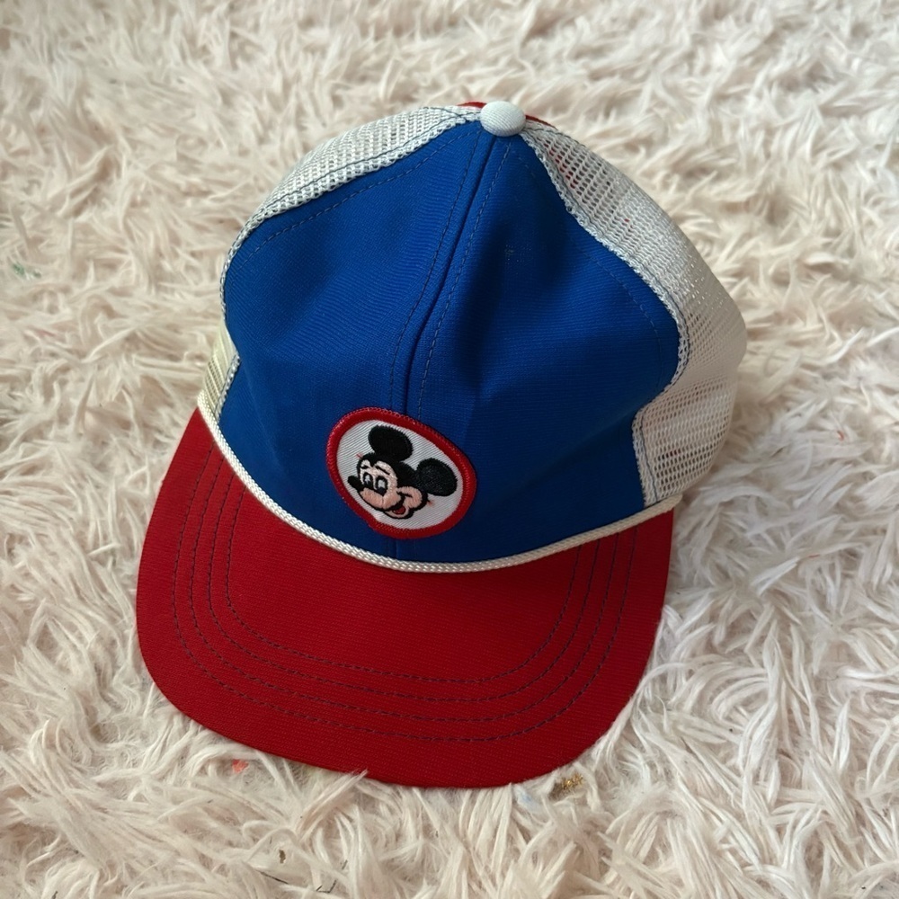 Vintage Mickey Mouse Mesh Snap Back Trucker Hat Productions 90s White Red Blue